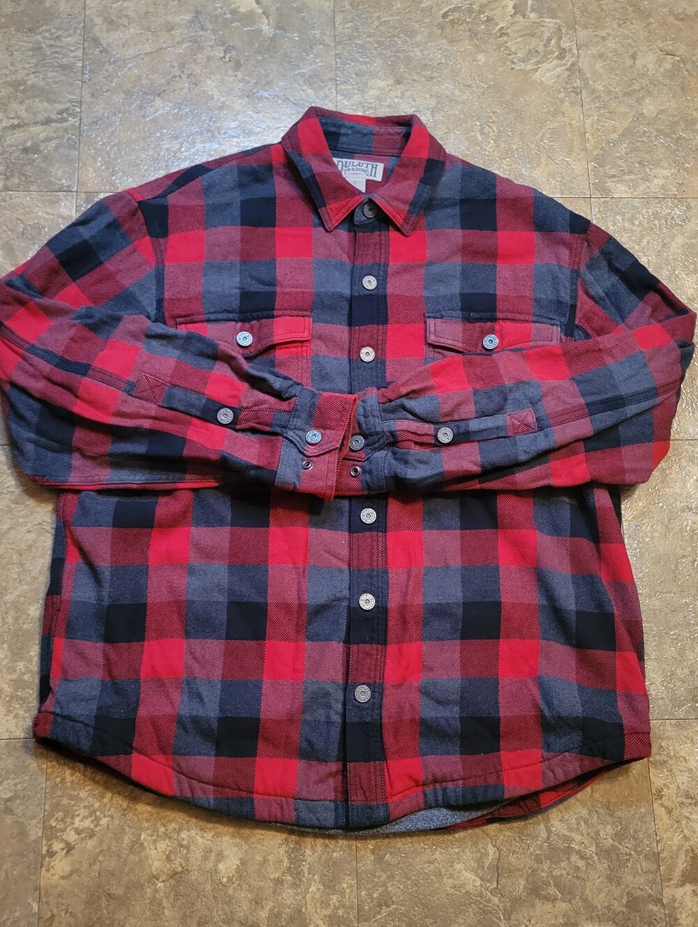 Duluth Trading Co Flapjack Flannel Shirt Jacket Mens Large Red Black Snap